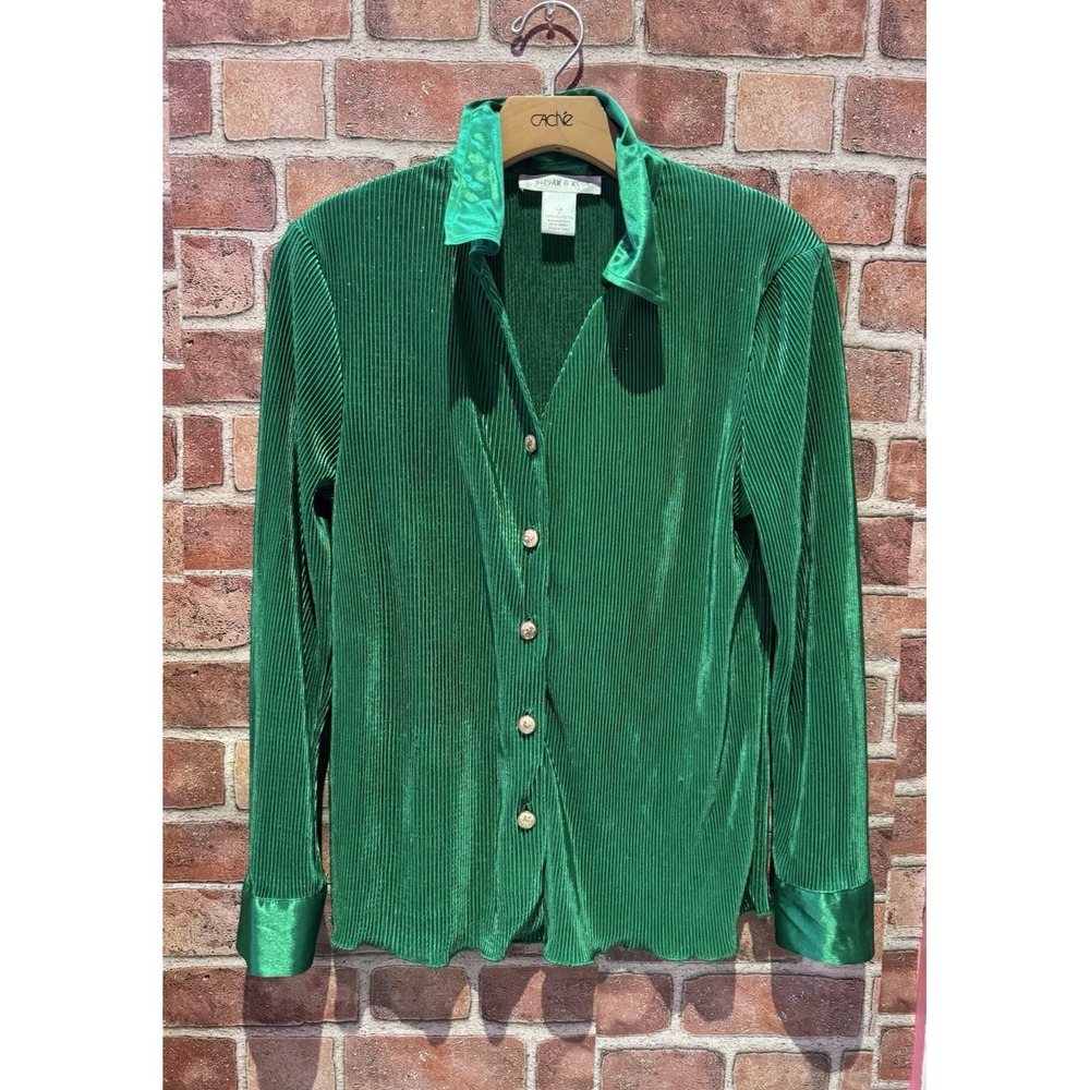 Sugar & Rose Button Down Blouse Womens Size S Solid Green Long Slv Collared